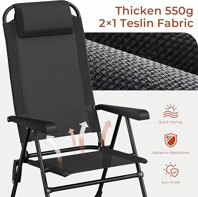 TLSUNNY Folding Patio Chairs Set of 4, Outdoor Lawn Chair w/ 5 Level Adjustable Teslin Back, Removable Headrest - Photo 6