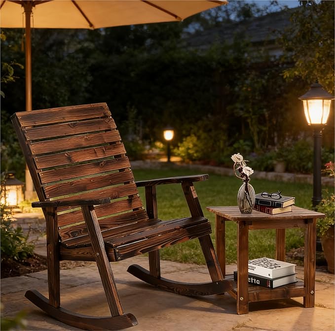 2-Piece Outdoor Rocking Chair with Table, Rocking Bistro Set High Back Porch Rocker Table Set for Patio Lawn Garden - Photo 3