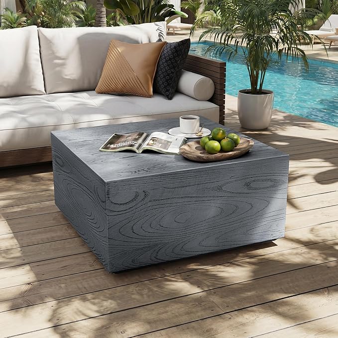 UPHA 28" Square Outdoor Coffee Table, Modern Hollow Concrete Patio Table, Small Minimalist Low Accent Table for Living Room, Balcony, Deck, Backyard, Gray Wood Finish