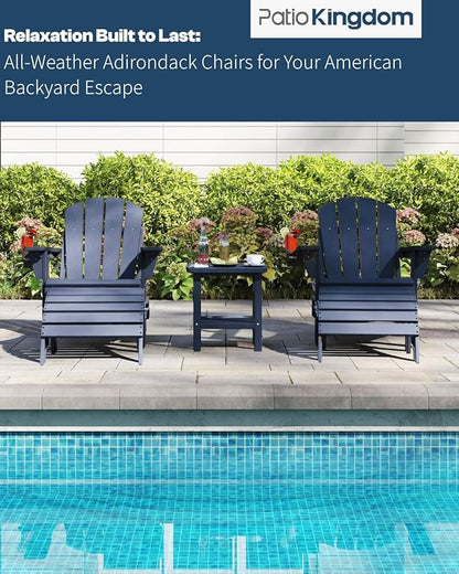 Adirondack Chair with Table Set,HDPE Plastic All Weather Fire Pit Chair with Cup Holder,2-Piece (Navy Blue, 1 Chair &1 Table)