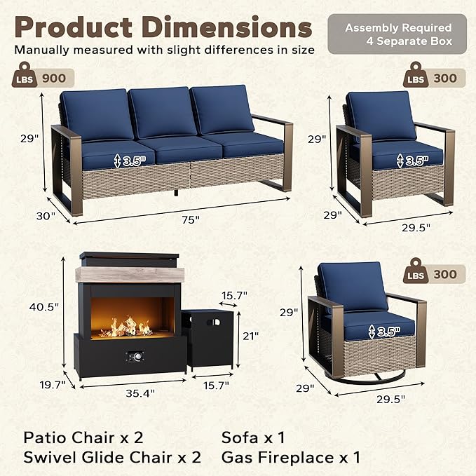 6 Pieces Wicker Patio 75" Sofa Set with 2 Armchairs, 2 Swivel Chairs, Fireplace - Photo 2
