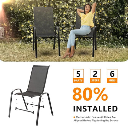 VINGLI Patio Chairs Set of 4 – Stackable Outdoor Dining Chairs with Comfortable Sling High Back Chairs and Armrests for Lawn, Poolside, Courtyard, Balcony, Garden, Black