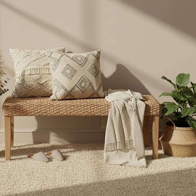 Indoor Bench Wicker for Entryway Bench, Wood Bench for Living Room Dining Bench or End of Bed Bench - Photo 4