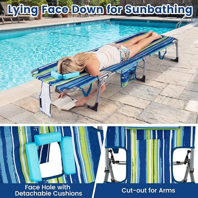 Giantex Face Down Tanning Chair, Folding Beach Lounge Chair w/ 4-Position Adjustable Backrest, Outdoor Sunbathing Lounge Chair w/Face Arm Hole & Storage Pocket for Patio Deck Poolside (2 Blue Stripe)