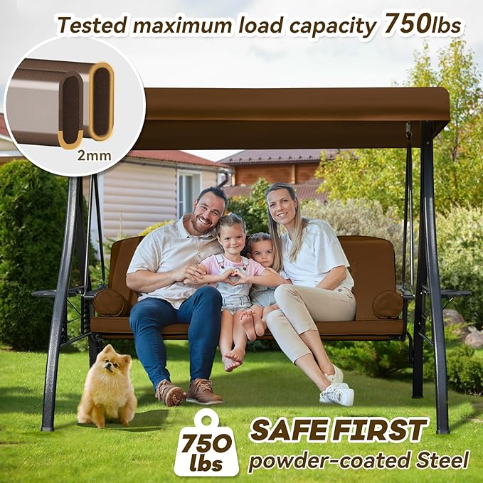 3 in 1 Outdoor Porch Swing with Adjustable Canopy, 3 Seat Outdoor Swing for Adults - Photo 2