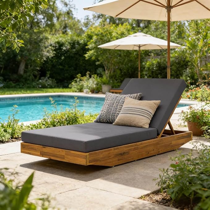 Acacia Wood Chaise Lounge with Cushion - Teak Finish Outdoor Recliner with Dark Gray Water-Repellent Cushion, 79.6" L x 29" W, 300 lbs