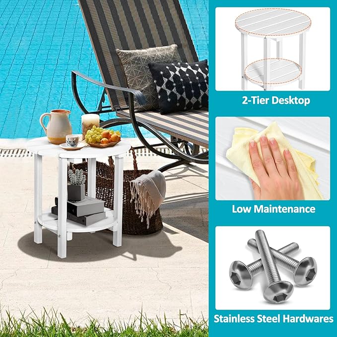 2 Tier Round Outdoor Side Table with Wood-Like Grain, 17.7" HDPE Adirondack Table Patio Side Table, Weather Resistant End Table for Pool, Patio & Porch, Small Outdoor Table (White, Round)