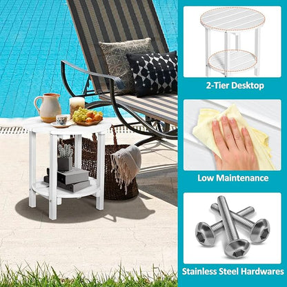 2 Tier Round Outdoor Side Table with Wood-Like Grain, 17.7" HDPE Adirondack Table Patio Side Table, Weather Resistant End Table for Pool, Patio & Porch, Small Outdoor Table (White, Round)