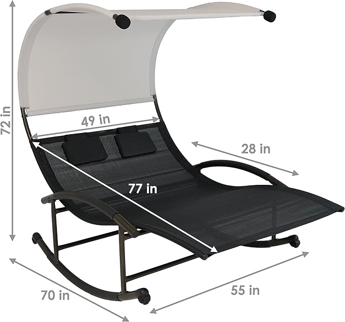 Sunnydaze Outdoor Double Chaise Rocking Lounge Chair with Canopy and Headrest Pillows - Black and White with Powder-Coated Frame