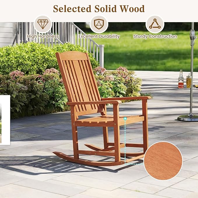 Giantex Outdoor Rocking Chair, Solid Wood High Back Rocker with Slatted Seat, Wide Armrests, Oversized Porch Rocker for Patio, Backyard, Garden and Lawn, 400 LBS Weight Capacity