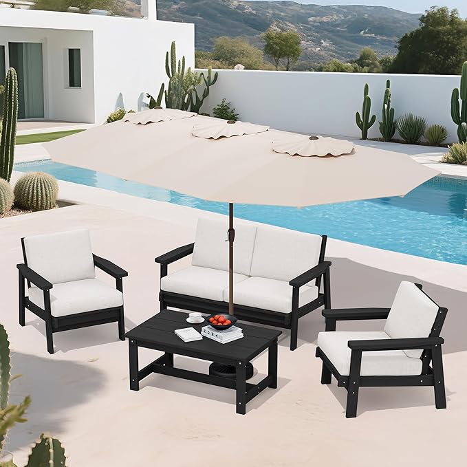 SERWALL HDPE Patio Furniture Set with 15FT Double Side Patio Umbrella - Photo 9