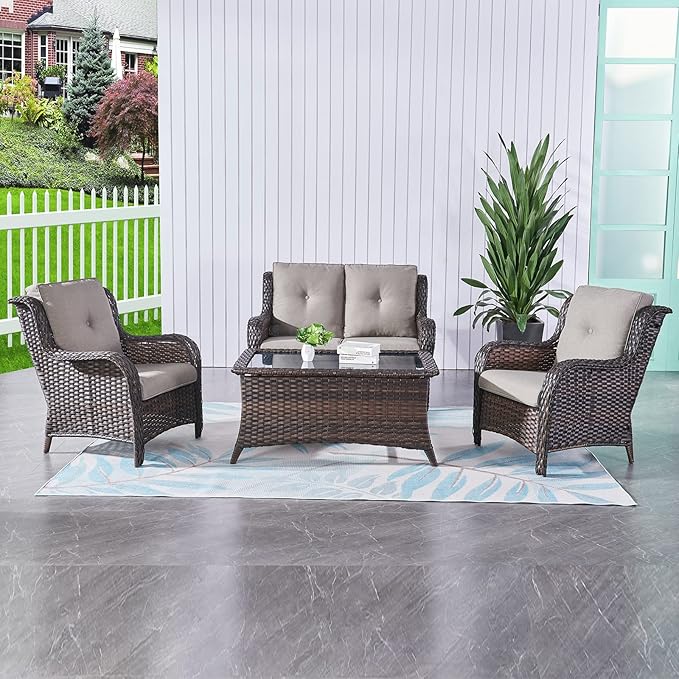 HUMMUH 4 Piece Patio Conversation Furniture Set PE Wicker Rattan Outdoor Loveseat Sofa, Patio Chairs - Photo 1