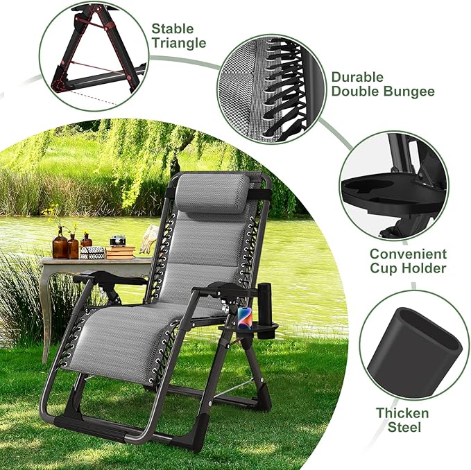 NAIZEA Padded Zero Gravity Chair, Cooling Fabric Folding Outdoor Lounge Chairs - Photo 6