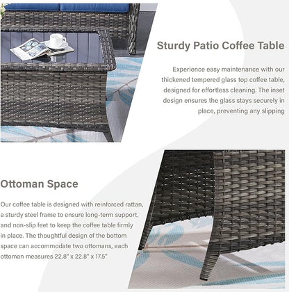 Belord 4 Piece Patio Wicker Furniture Set, Outdoor Swivel Rocker Chairs, All Weather Outdoor Patio Loveseat with Cushion and Coffee Table for Deck Porch, Gray Wicker/Blue