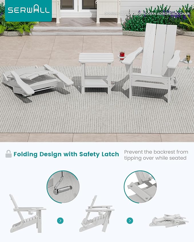 SERWALL Modern Folding Adirondack Chair with Cup Holders, All Weather Resistant Outdoor Adirondack Chair - Photo 7