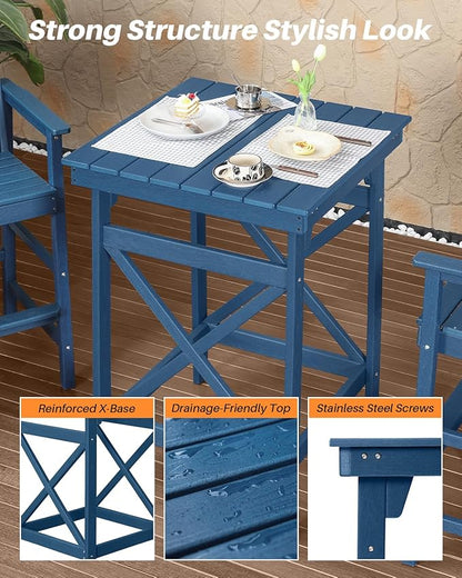 3-Piece Adirondack Chairs and Table Set, HDPE Outdoor Bar Sets, All Weather Outdoor Bar Stools Set, HDPE Adirondack Bar Height Chairs and Bar Table for Balcony, Bistro, Poolside, Navy