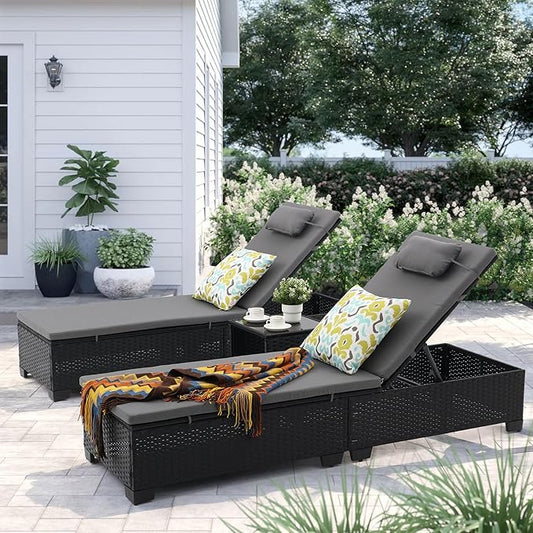 3 PCS Patio Chaise Lounge with Coffee Table Cushion&Pillow Outdoor Lounge Chair Chaise Lounger Patio Reclining Chair 5 Angle Adjustment Black PE Rattan for Courtyards Poolside (Dark Gray)
