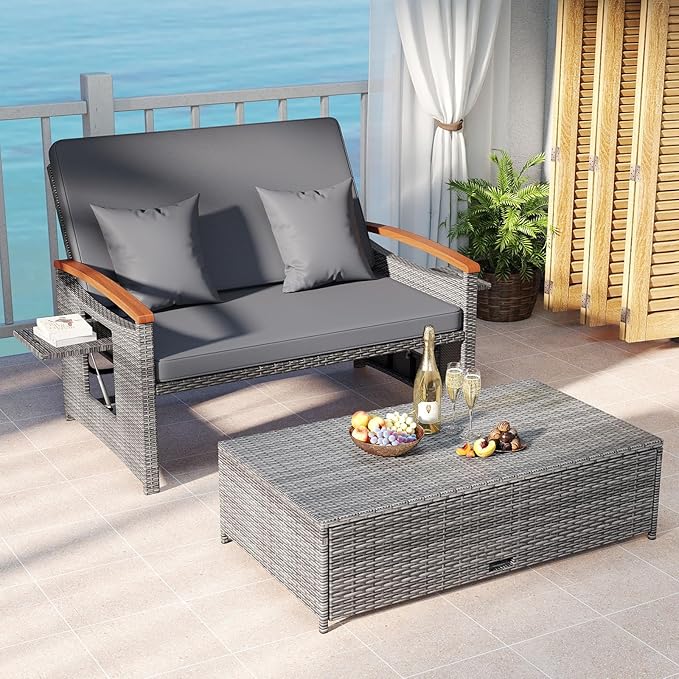 Tangkula Patio Rattan Daybed with 4-Level Adjustable Backrest, Outdoor Wicker Loveseat with Acacia Wood Armrest - Photo 3