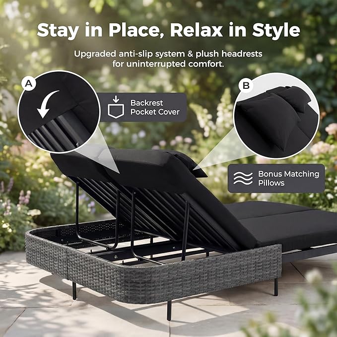 RADIATA 51.2" Outdoor Loveseat Sofa Bed, PE Wicker Patio Daybed with 2-Person Double Chaise Lounge - Photo 6