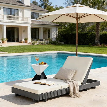 Christopher Knight Home Habery Acacia Wood Chaise Lounge Chair Outdoor with Triple Folds Cushion, Wood Patio Chaise Lounge, Poolside Sun Lounger, Adjustable Backrest Sunbathing Chair, Gray+Cream