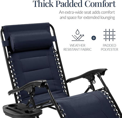 Best Choice Products Oversized Padded Zero Gravity Chair, Folding Outdoor Patio Recliner, XL Anti Gravity Lounger for Backyard w/Headrest, Cup Holder, Side Tray, Polyester Mesh - Navy Blue