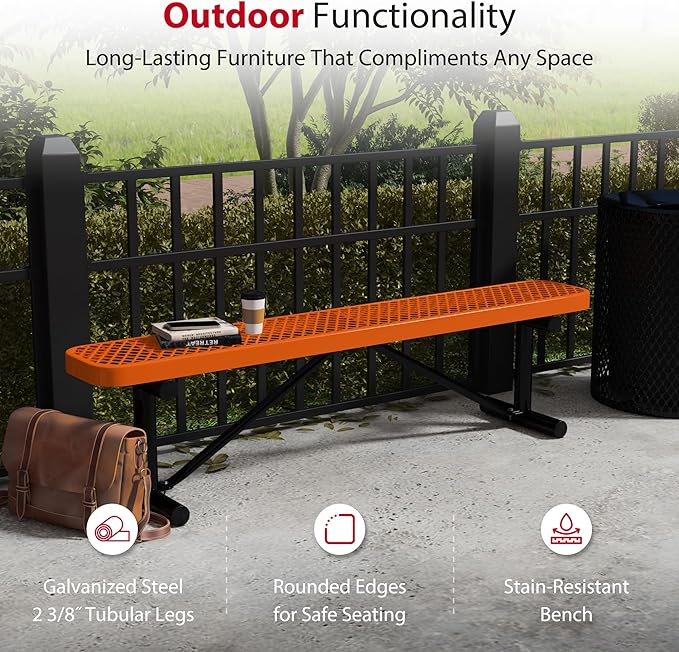 Leisure Craft Metal Outdoor Bench - 6 Foot Heavy Duty Backless Bench Seating for Garden, Porch, Picnic, Park, Expanded Metal, Thermoplastic Coating, Commercial Grade Furniture Made in USA - Orange