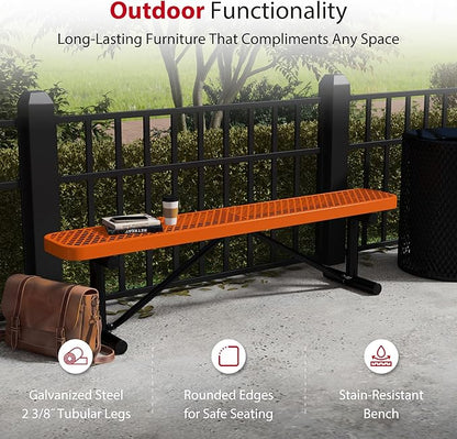 Leisure Craft Metal Outdoor Bench - 6 Foot Heavy Duty Backless Bench Seating for Garden, Porch, Picnic, Park, Expanded Metal, Thermoplastic Coating, Commercial Grade Furniture Made in USA - Orange