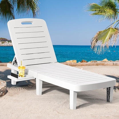 CDCASA Chaise Lounge Outdoor, Multi-Functional Pool Lounge Chairs w/5 Adjustable Positions & Side Tray, Waterproof Resin Lounges for Poolside,Yard,Garden,Sunbathing, for All Weather, White