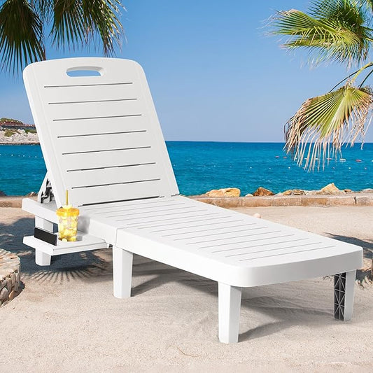 CDCASA Chaise Lounge Outdoor, Multi-Functional Pool Lounge Chairs w/5 Adjustable Positions & Side Tray, Waterproof Resin Lounges for Poolside,Yard,Garden,Sunbathing, for All Weather, White