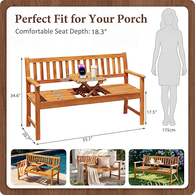 Flamaker Outdoor Bench with Pull-Up Center Table, Acacia Wood Bench Folding Loveseat for 2 Person, Weather-Resistant Patio Seating for Garden, Backyard, Porch, Poolside, Log Brown
