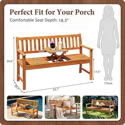 Flamaker Outdoor Bench with Pull-Up Center Table, Acacia Wood Bench Folding Loveseat for 2 Person, Weather-Resistant Patio Seating for Garden, Backyard, Porch, Poolside, Log Brown