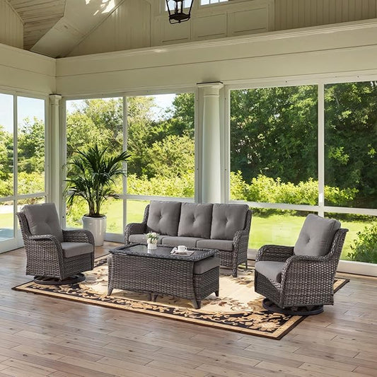 Belord Wicker Outdoor Furniture Patio Furniture Set - 6 Piece Patio Conversation Set with Swivel Rocker Chairs, Rattan Sofa, Ottomans and Coffee Table, Gray Cushion