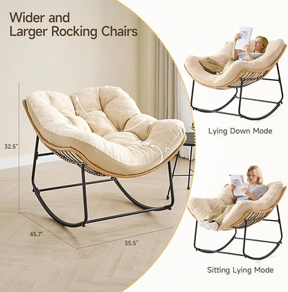 ONBRILL Outdoor Rocking Chairs, Oversized Papasan Rocking Chair Indoors with Padded Cushions, Rattan Wicker Lounge Chair for Living Room, Porch, Patio, Garden, Beige