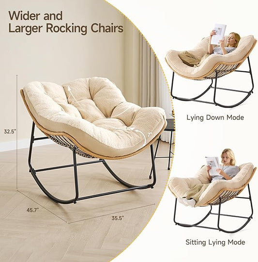 ONBRILL Outdoor Rocking Chairs, Oversized Papasan Rocking Chair Indoors with Padded Cushions, Rattan Wicker Lounge Chair for Living Room, Porch, Patio, Garden, Beige