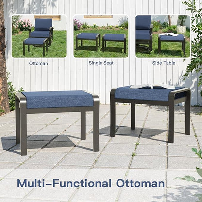 Gotland 5 Piece Patio Set, Aluminum Outdoor Swivel Chairs Set of 2 with 2 Ottoman 5.1’’ High-Resilience Seat Cushions Tempered Glass Coffee Table Removable Cushions, Metal Patio Furniture Set, Navy