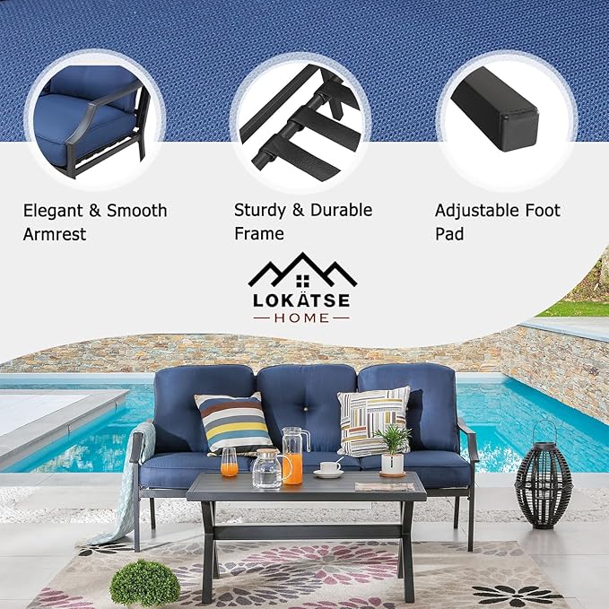 LOKATSE HOME Outdoor Patio Cushioned Loveseat 3 Seats Sofa Bench with Metal Coffee Table