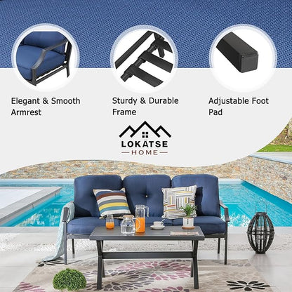 LOKATSE HOME Outdoor Patio Cushioned Loveseat 3 Seats Sofa Bench with Metal Coffee Table
