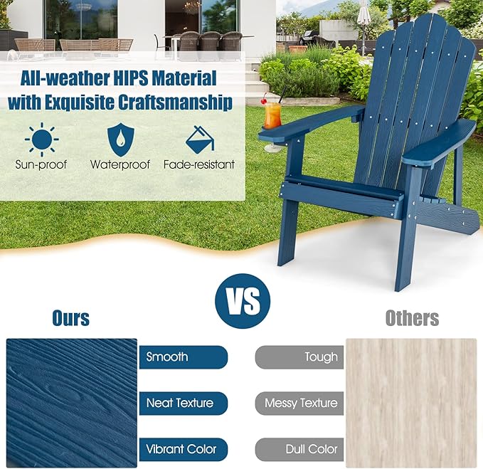 Giantex Outdoor Adirondack Chair - Oversized Patio Chairs w/Hidden Cup Holder, Realistic Wood Grain, 380 LBS Weight Capacity, Weather Resistant Firepit Chairs for Backyard, Garden (1, Navy)
