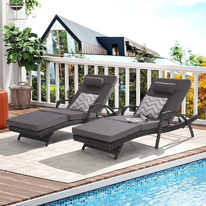 KEIKI Wicker Outdoor Chaise Lounge Chairs Set of 2 for Patio & Pool Side with 5-Level Adjustable Backrest and Cushions - Photo 1