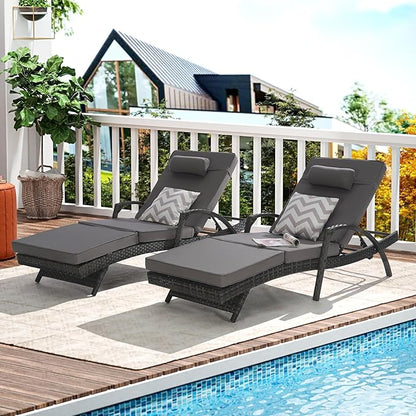 KEIKI Wicker Outdoor Chaise Lounge Chairs Set of 2 for Patio & Pool Side with 5-Level Adjustable Backrest and Cushions, Garden Beach Upholstered Couches Folding Sun Reclining Sofa Bed