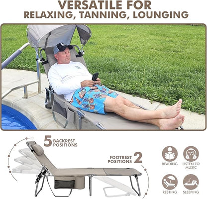 Oversized Extra Wide Tanning Chair with Sun Canopy Face Hole Padded Adjustable Washable, Heavy Duty Layout Folding Lounge Chair for Outside Beach Reading Sunbathing, UPF 50+, XL, Plus Size, 330 LBS