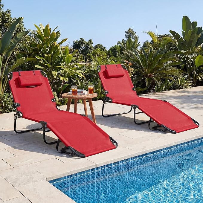 GYMAX Tanning Chair, 330lbs Beach Lounge Chair with Face Hole, Detachable Washable Pillow & Carry Strap, Adjustable Folding Chaise Lounge, Layout Chair for Outside, Patio, Poolside, Lawn (2, Red)
