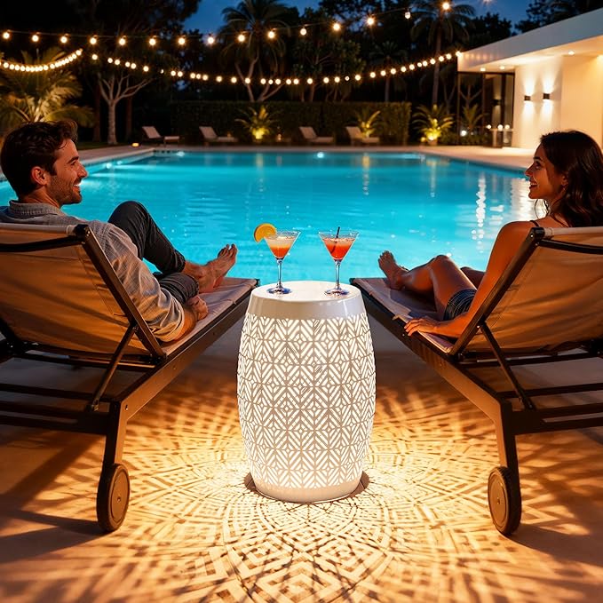 18" Cutout Metal Outdoor Side Table with 3-Mode LED Lights, Modern Decorative Drum End Table - Photo 2