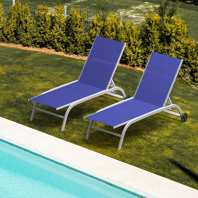 Domi Pool Lounge Chairs Set of 2, Adjustable Aluminum Outdoor Chaise Lounge with Wheels Patio Lounge Chairs, All Weather for Deck Lawn Poolside Backyard-Navy Blue Textilene