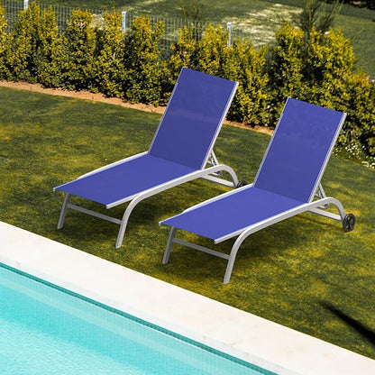 Domi Pool Lounge Chairs Set of 2, Adjustable Aluminum Outdoor Chaise Lounge with Wheels Patio Lounge Chairs, All Weather for Deck Lawn Poolside Backyard-Navy Blue Textilene