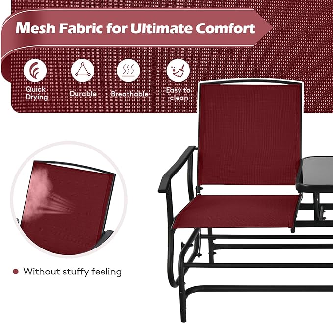 Tangkula 2 Person Swing Glider Chair, Patio Rocking Loveseat w/Center Tempered Glass Table - Photo 5