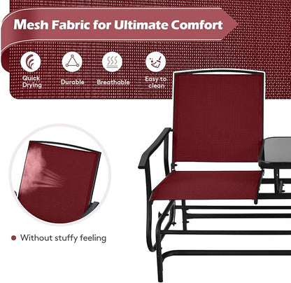 Tangkula 2 Person Swing Glider Chair, Patio Rocking Loveseat w/Center Tempered Glass Table, Outdoor Swing Bench w/Steel Frame & Breathable Mesh Fabric for Porch, Balcony, Poolside (Burgundy)