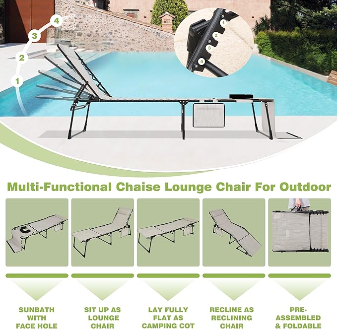 BlueWish 2 Pack Tanning Chair with Face Hole, Outdoor Tanning Chair with 5-Position Adjustable Backrest - Photo 7