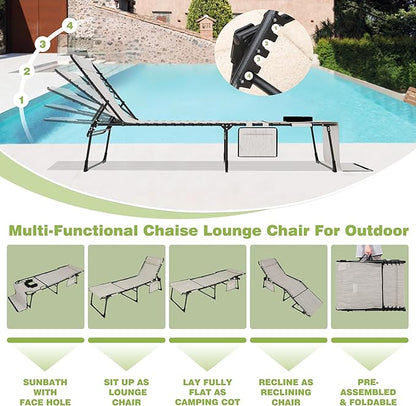 BlueWish 2 Pack Tanning Chair with Face Hole, Outdoor Tanning Chair with 5-Position Adjustable Backrest, Sunbath Lounge Chairs with Mat & Face Arm Hole for Bench, Pool, Beige