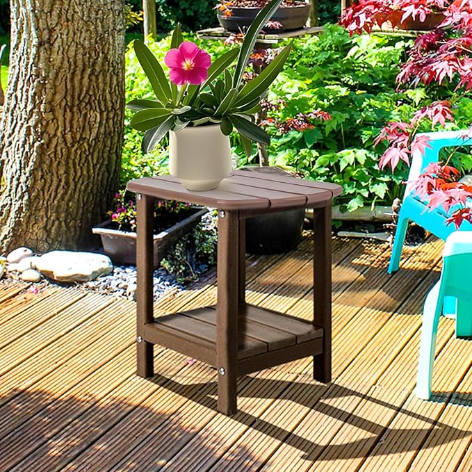 BZY Adirondack Outdoor Side Table Square 2-Tier Patio Coffee Table with Weatherproof HDPE Material Low Maintenance Furniture for Poolside, Porch, Deck